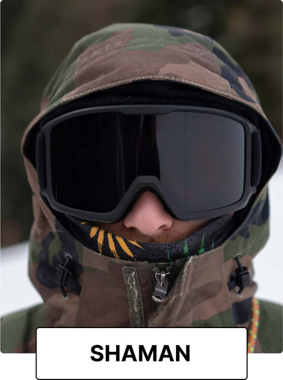 Bakedsnow ambassador wearing the shaman black snowboard goggles 