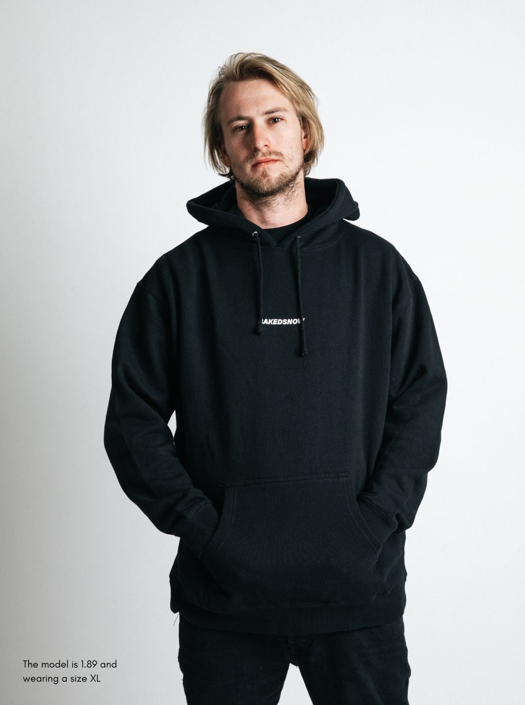 bakedsnow the system snowboard hoodie model shot from the front. Size XL with a model size 1.89